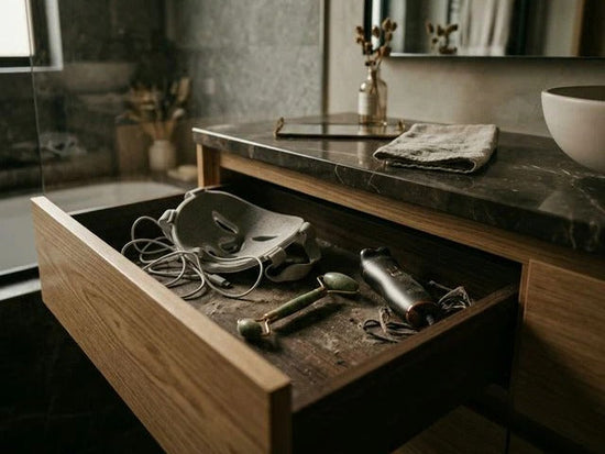 Open bathroom drawer with face mask, jade roller, electric devices