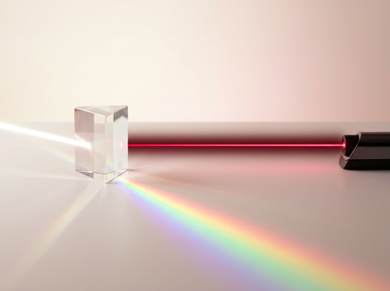Prism splitting light beam into rainbow spectrum beside red laser on white surface