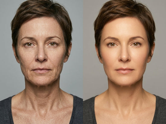 Before and after comparison of a middle-aged woman showing skin transformation results